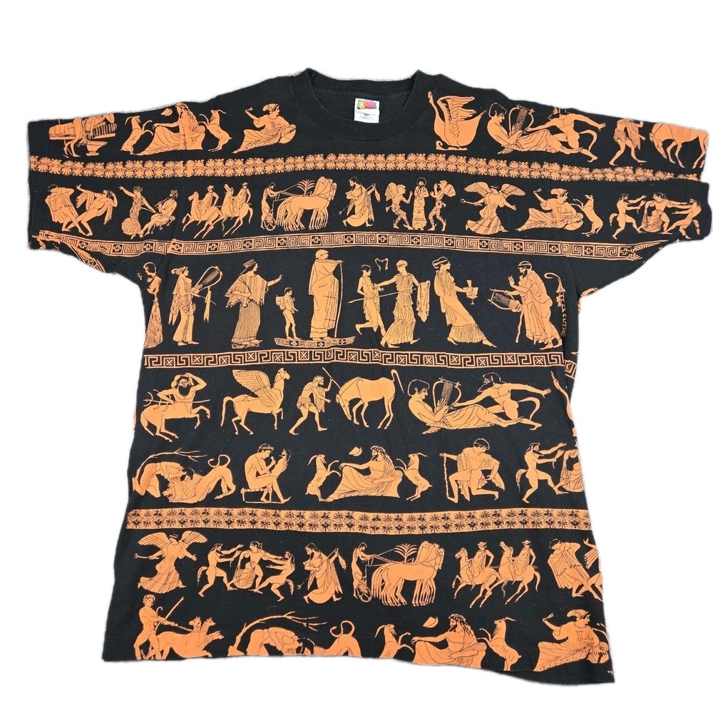 Fruit of The Loom XL Vintage Single Stitch T Shirt Greek Roman Hieroglyphics AOP